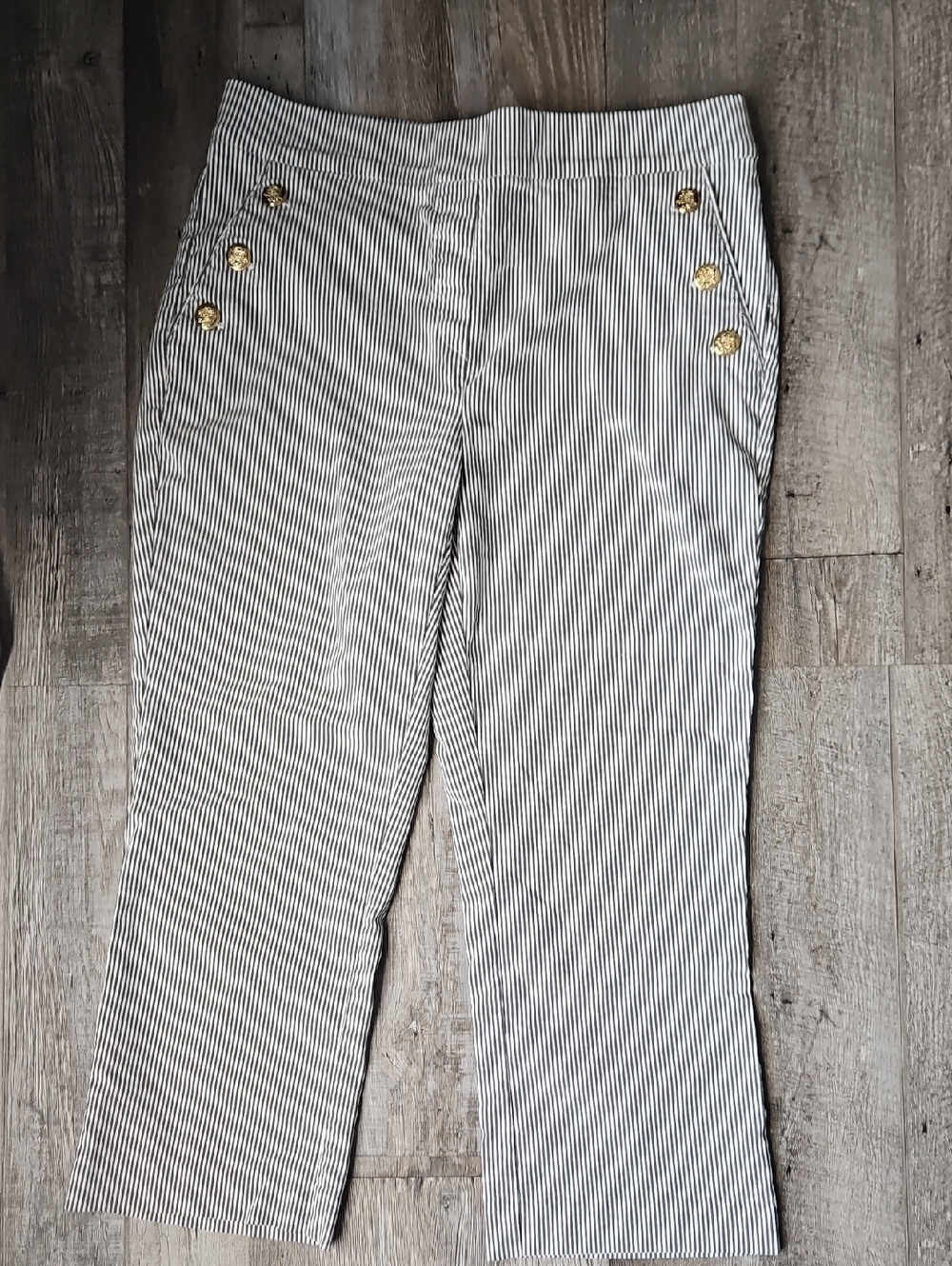 Counterparts Navy and White Striped Chino Capris with Gold Buttons